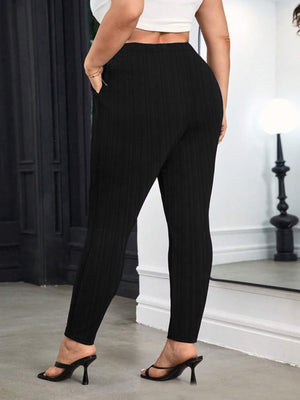 Black maternity pants with high waist and subtle chain detail, ankle length
