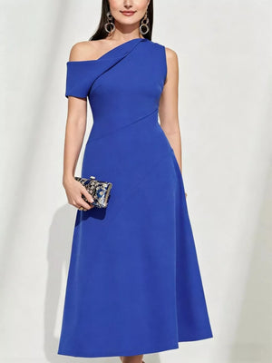 Blue asymmetrical midi dress with one shoulder sleeve and draped neckline.