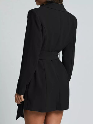 Black belted blazer dress with a tie waist and button front detail.