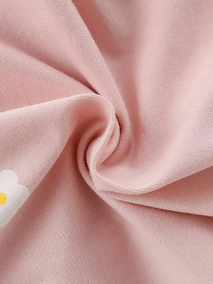 Pink cotton baby dress with strawberry applique detail.