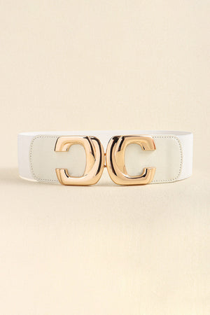 White elastic belt with gold double C buckle detail