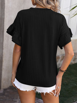 Black textured blouse with flutter sleeves and a casual fit.