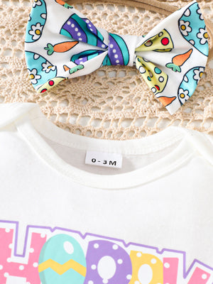 White cotton baby bodysuit with Easter carrot and egg print bow headband.