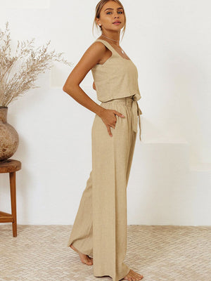 Linen square neck crop top and wide leg pants set in tan, tied at waist