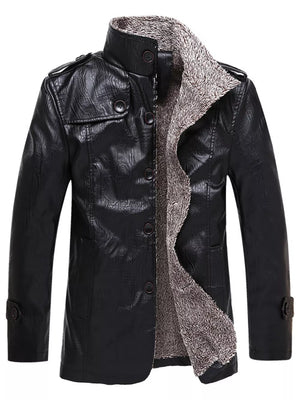 Men's black fleece-lined sport jacket with button-up front and textured faux leather.