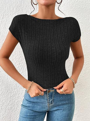 Black ribbed knit top with short sleeves and a boat neckline