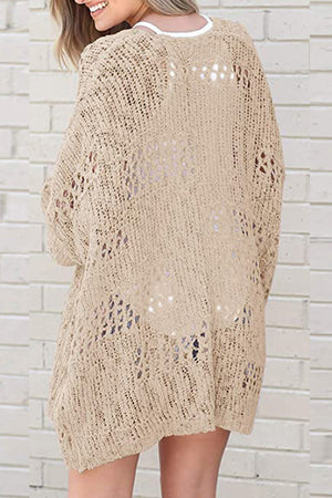Sand open-knit slouchy cardigan with a relaxed fit and open crochet details.