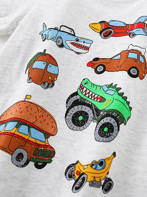 Baby T-shirt in light grey cotton with a whimsical print of cartoon vehicles including a shark car, monster truck, and