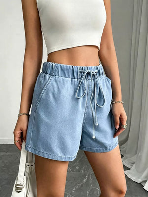 Drawstring High Waist Denim Shorts, front view
