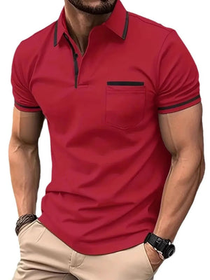 Scarlet short sleeve polo with black trim on collar, pocket and sleeves.