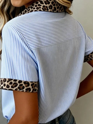 Blue striped button-down shirt with leopard print collar and cuffs