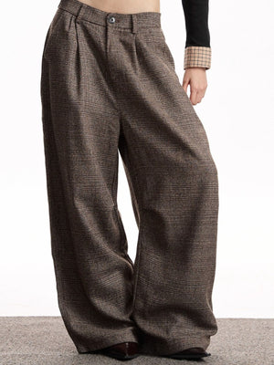 Men's brown plaid wide leg trousers with high waist and pleats