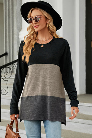 Colorblock long sleeve tee with crew neck and side slits in black, camel, and charcoal.