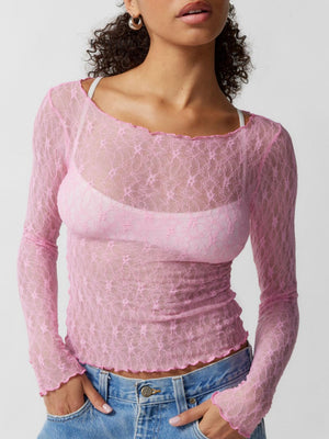Scalloped edge floral lace long sleeve blouse in Dusty Pink with a boat neck.