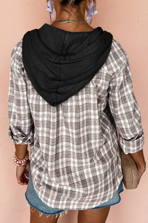 Plaid hooded shirt jacket with black hood and drawstring details, cotton blend.