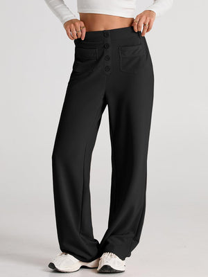 Black button-front palazzo trousers with flap pockets and wide legs.