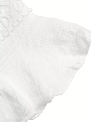 White lace-trimmed maternity romper with flutter sleeves and airy fabric detail.