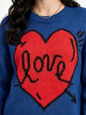 Heart Round Neck Ribbed Sweater in Pink, fit detail