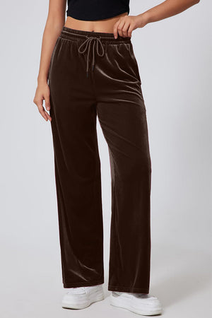 Velvet palazzo lounge trousers in coffee brown with drawstring waist and wide leg.