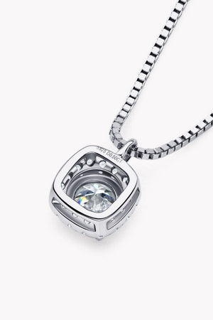 Silver halo diamond pendant necklace with a square setting and a box chain.