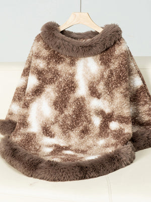 Faux fur trimmed camo poncho in Chocolate with a textured pattern and fuzzy trim.