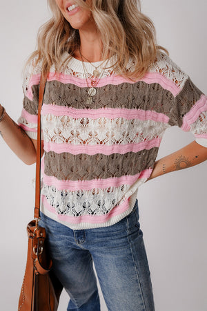 Striped openwork knit top with pink, taupe, and white stripes.