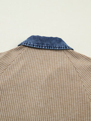 Cozy ribbed knit shirt in tan with a denim collar detail.