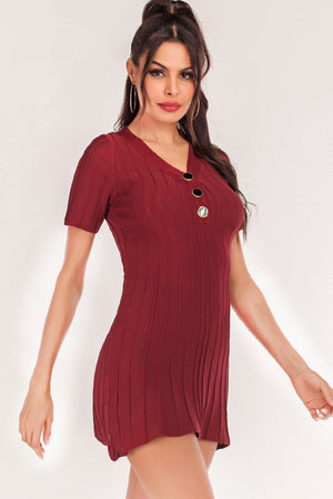 Burgundy ribbed knit mini dress with short sleeves and button front detail