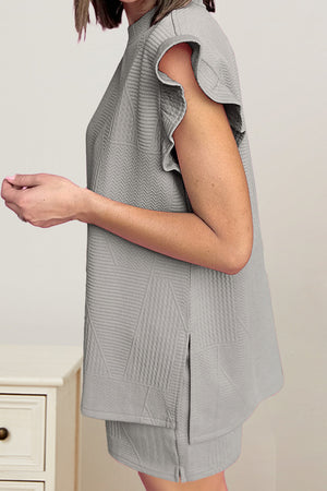 Gray textured lounge set with flutter sleeves and mock neck.