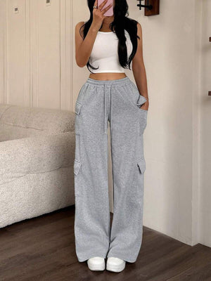 Gray relaxed fit cargo pants with drawstring and pockets