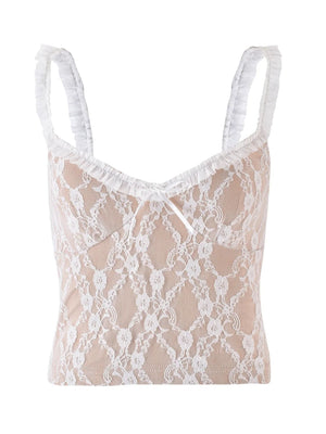Lace ruffle trim cami with bow detail in tan with white lace overlay