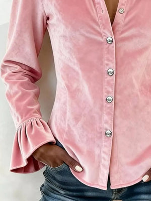 Velvet Button Up Flare Sleeve Shirt Plus Size in Burgundy, side view