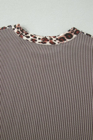 Ribbed knit two-piece set with leopard trim neckline