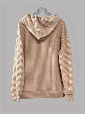 Khaki ribbed knit button-front hoodie with drawstring and cuffed sleeves.