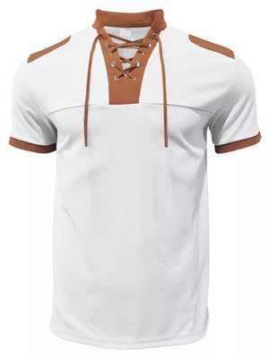 White short sleeve shirt with brown lace-up detail and trim