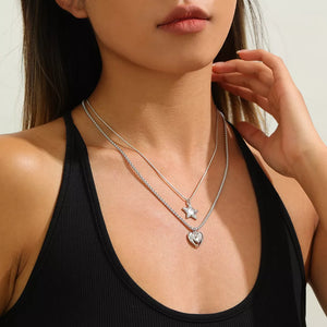 2-piece Star And Heart Pendant Alloy Necklace in Silver, back view
