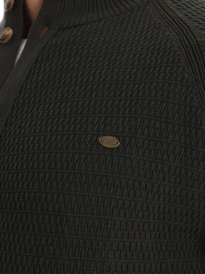 Textured knit stand collar cardigan in Army Green with button closure and metal logo detail.