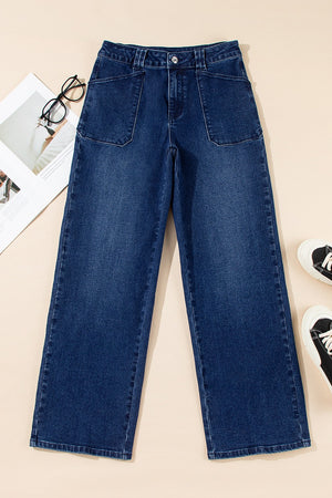 Mid-rise straight leg jeans in dark wash denim with button closure and large front pockets.