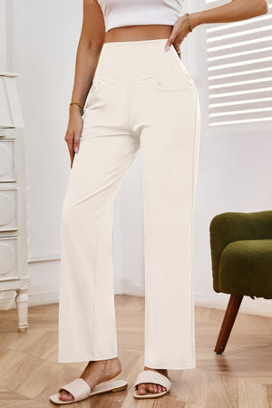 High-waisted flare leg trousers in white with a comfortable fit and subtle pocket detail.