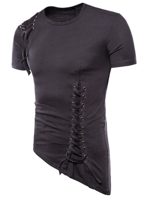 Men's dark gray cotton t-shirt with lace-up detail on side and shoulder, asymmetric hem.