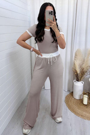 Tan ribbed loungewear set with contrast white trim on the t-shirt neckline and sleeves, and white drawstring waist on