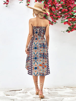 Printed bandeau midi dress with asymmetric hem and belt in blue and orange.