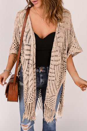 Tan open knit chevron fringe cardigan with short sleeves and a boho style.