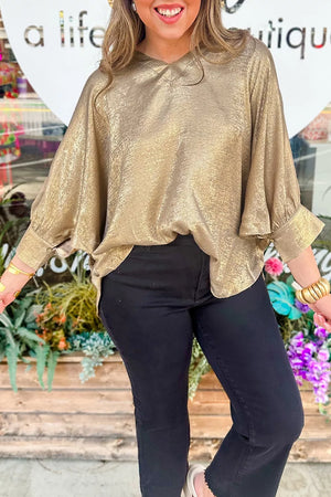 Metallic V Neck Button Cuffed Dolman Blouse in Gold, model styling view