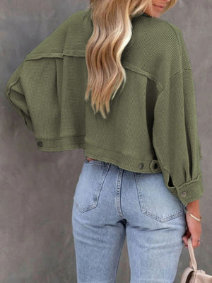 Moss green waffle knit cropped utility jacket with button details