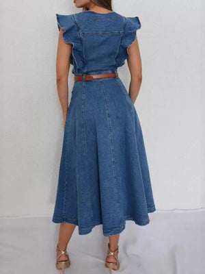 Denim midi dress with ruffled sleeves, belt, and button front detail.