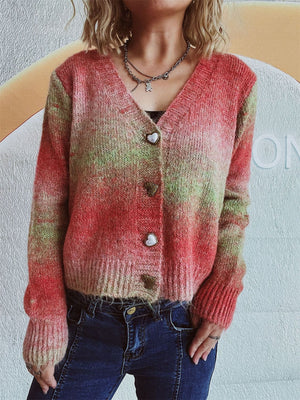 Ombre knit cardigan with heart buttons and v-neck.