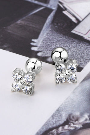Silver stud earrings with four clear stones in a flower design, sterling silver.