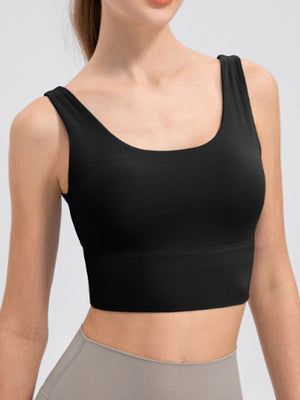 Black performance crop top with scoop neck and wide band