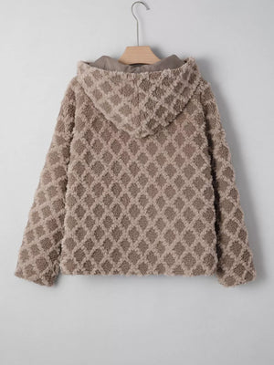 Textured sherpa fleece hooded jacket in tan with diamond pattern